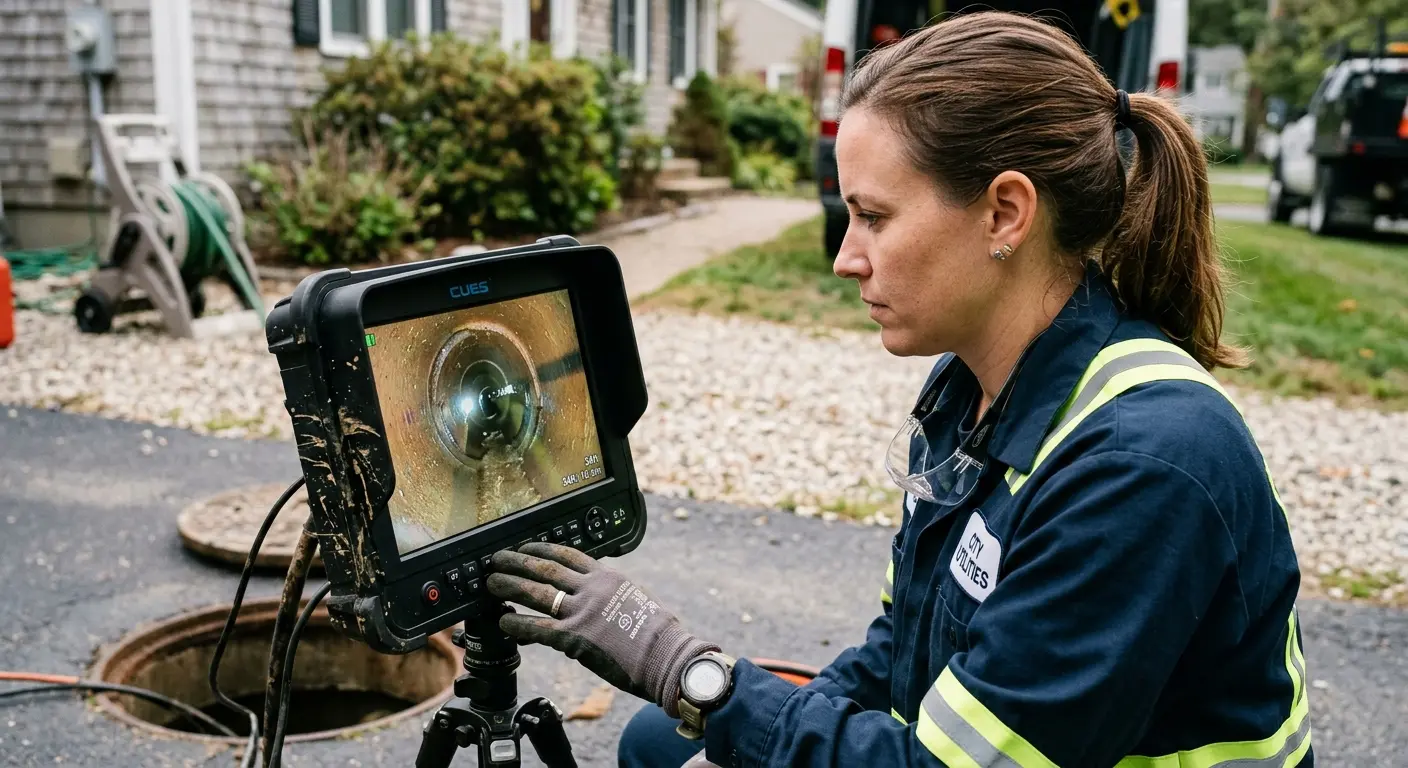 Technician reviewing sewer camera inspection footage in Leland