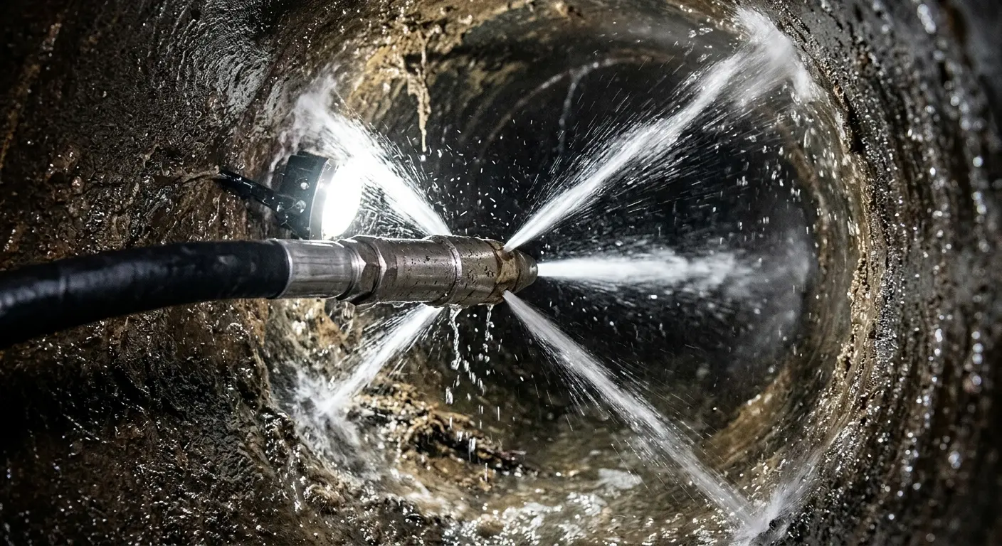 High-pressure hydro jetting nozzle cleaning sewer pipe for Storm Drain Cleaning in Leland
