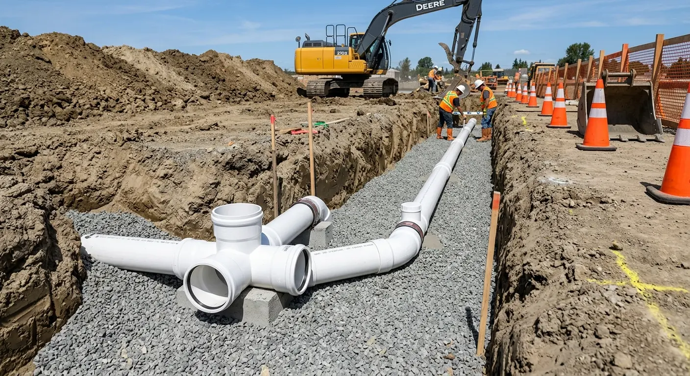 New PVC sewer pipe installation in open trench for Sewer Backup in Leland