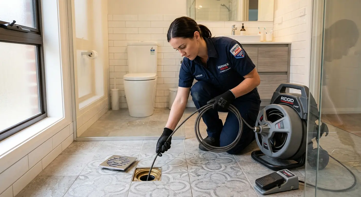 Technician clearing a bathroom floor drain for Hydro Jetting in Leland